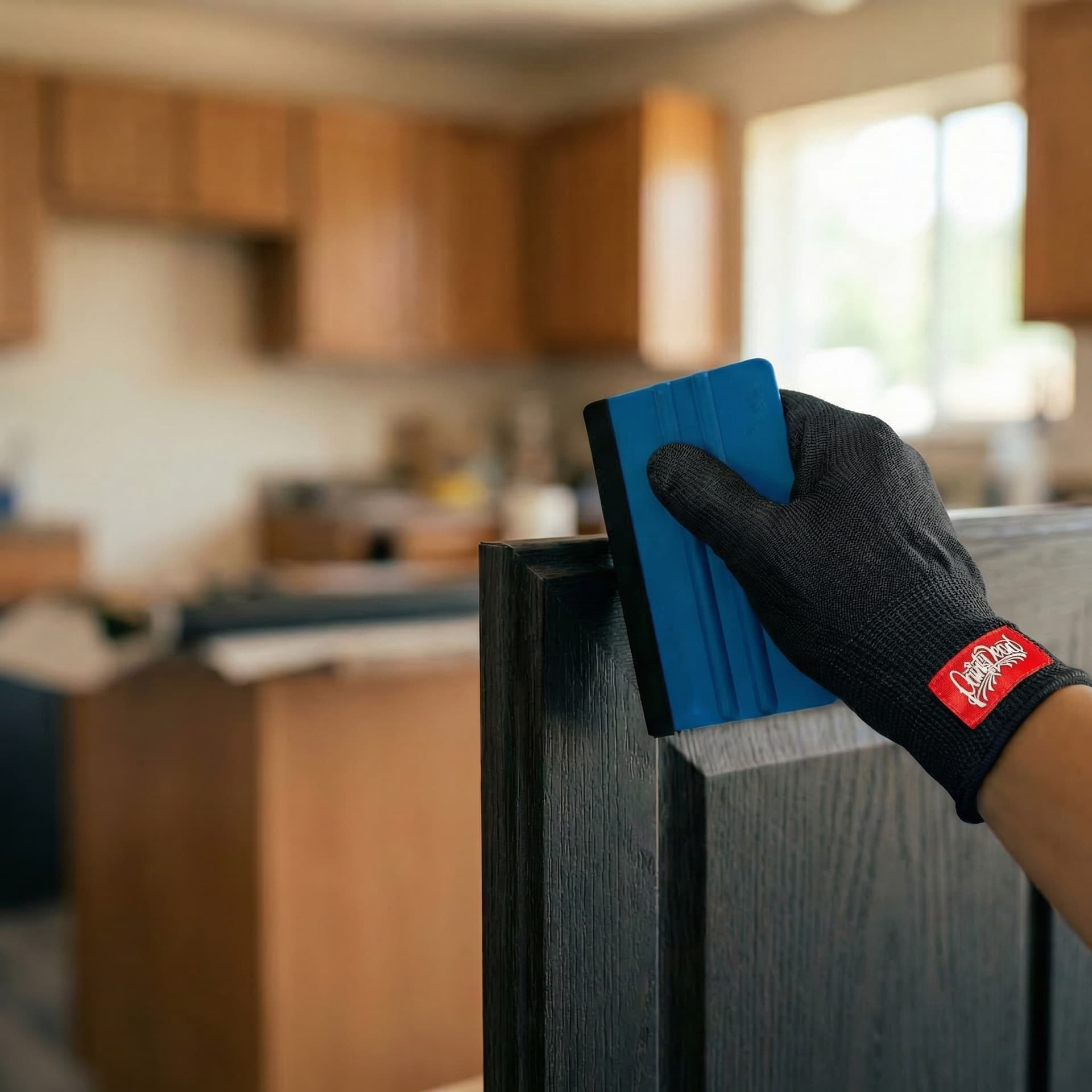 Professional vinyl wrap application on kitchen cabinet