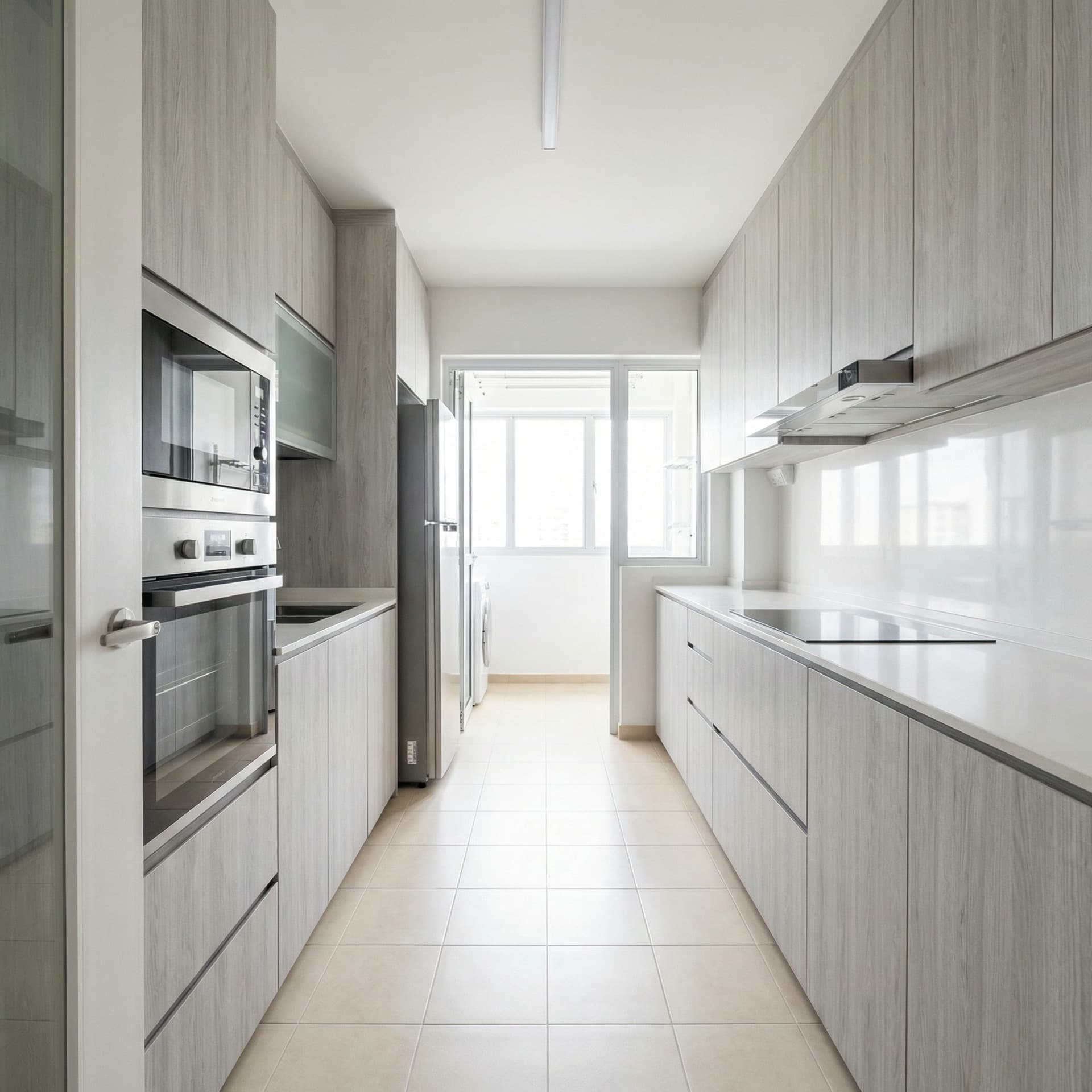 Modern galley kitchen with light grey wood-grain wrapped cabinetry