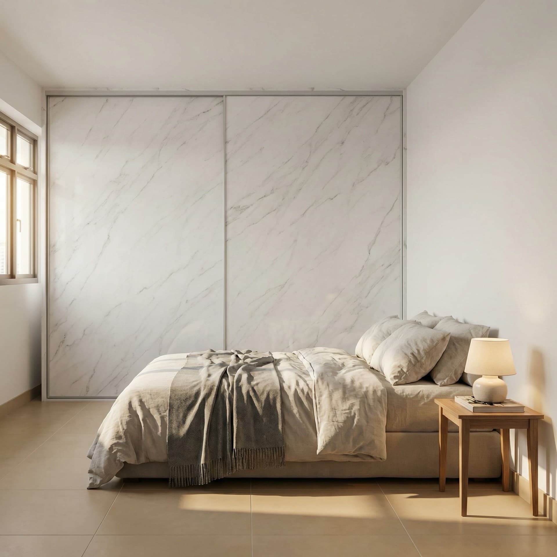 Bedroom with white marble-effect wardrobe panels