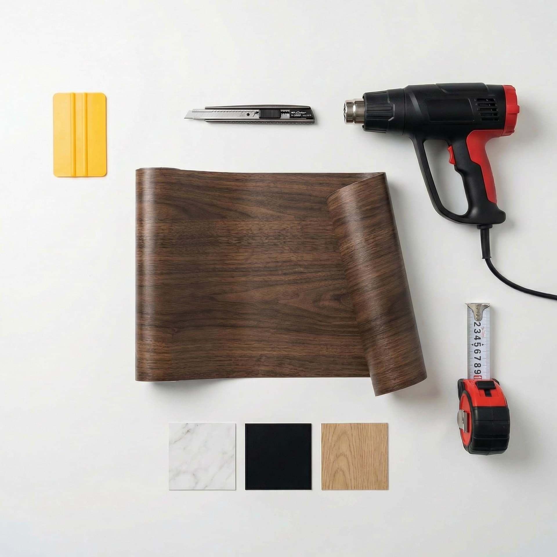 Vinyl wrap tools and material swatches used in our installations