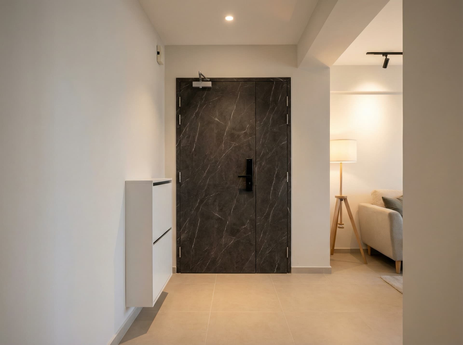 Modern apartment entrance with dark marble-effect wrapped door