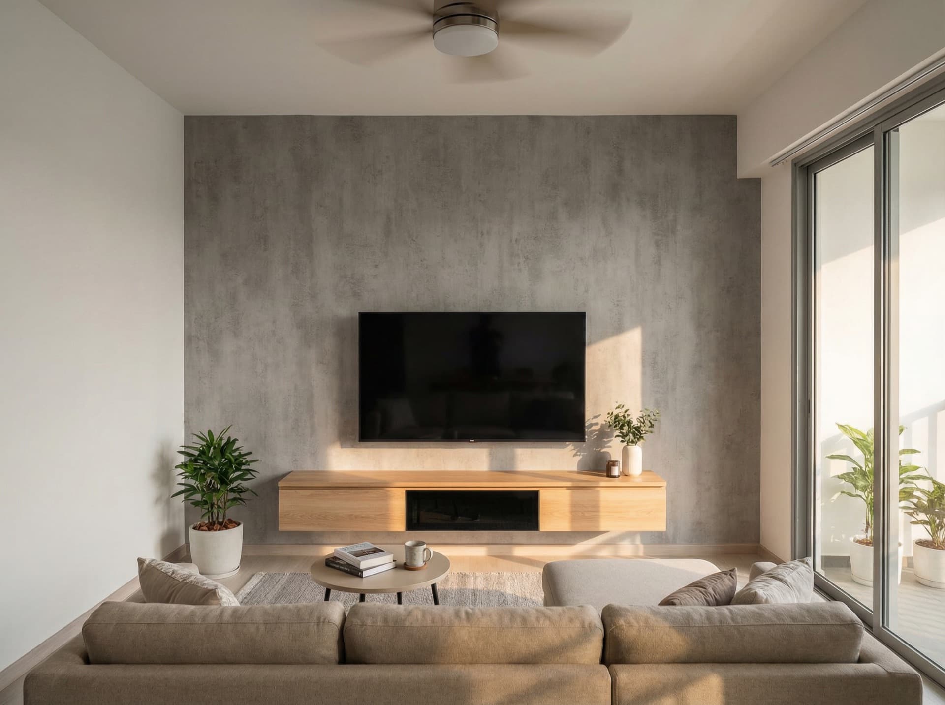 Living room with grey concrete accent wall and wall-mounted TV