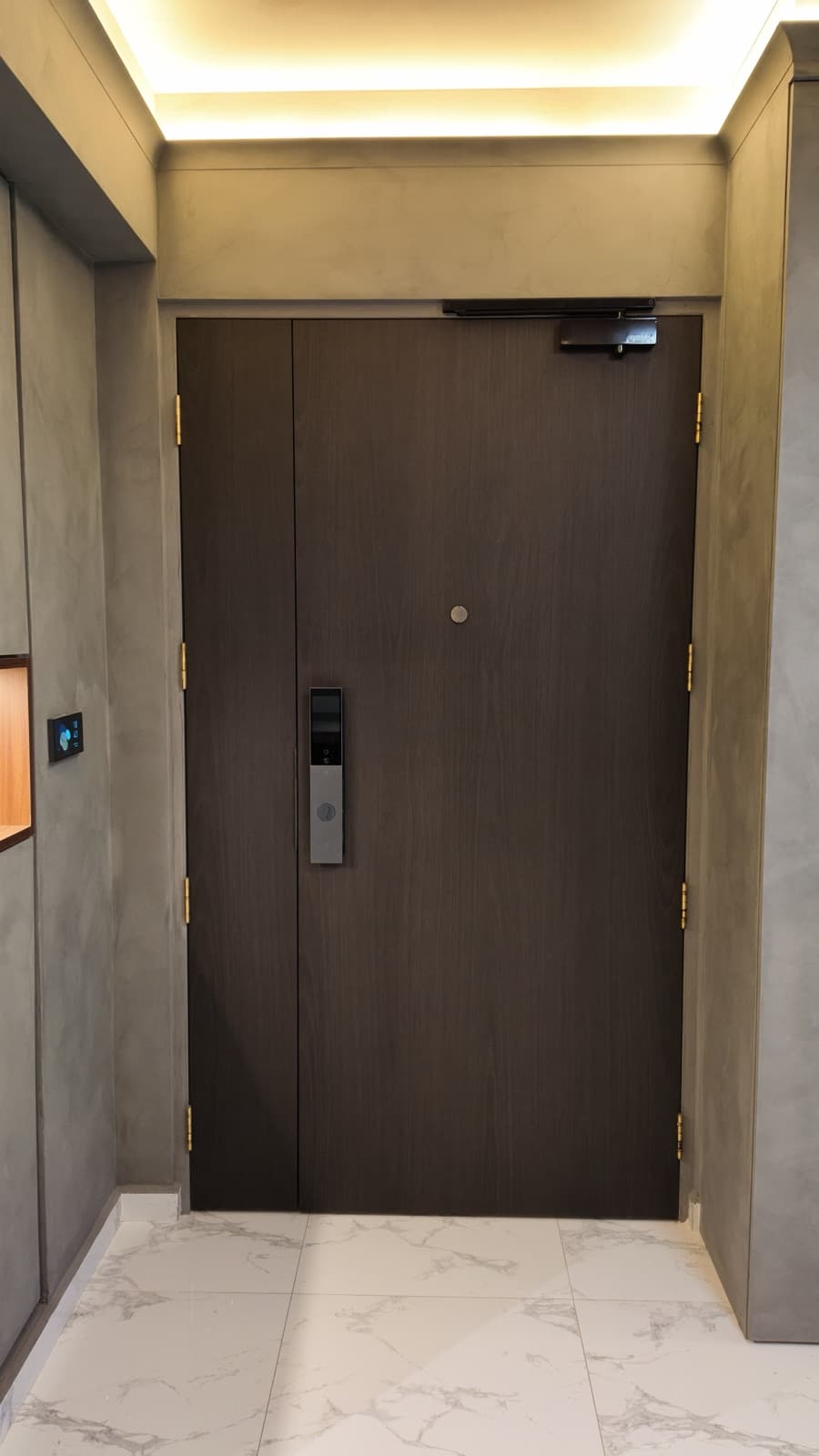 Apartment entrance door and frame in dark wood against concrete-look walls